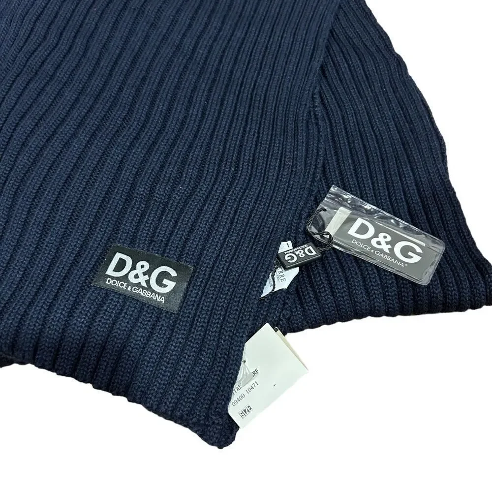 Dolce & Gabbana Vintage Navy Blue Lamb Wool Scarf with DG logo Revolve